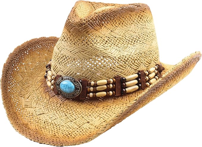 Queue Essentials Men & Women's Woven Straw Cowboy Cowgirl Hat Western Outback w/Wide Brim